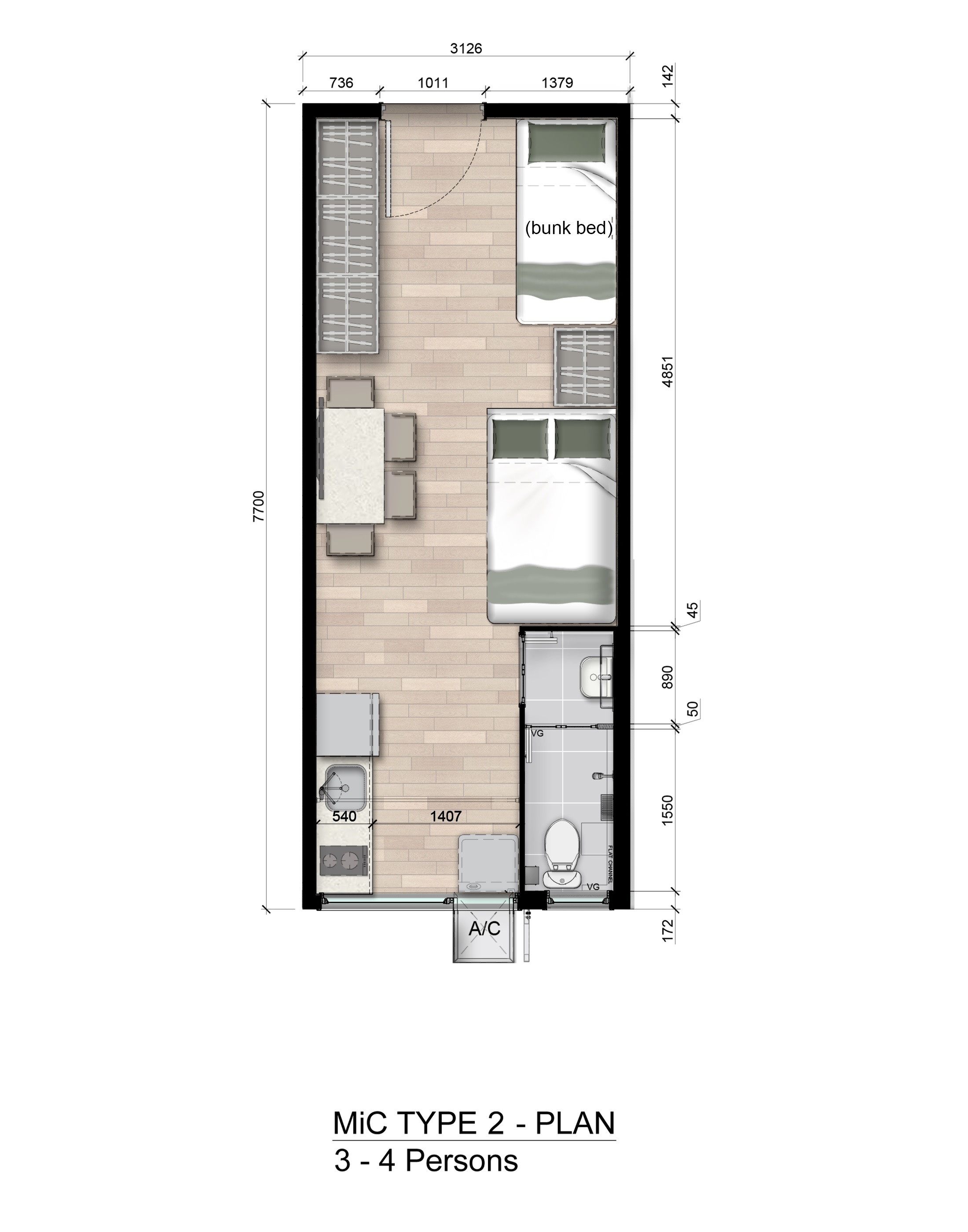 Layout of 3-4 person units